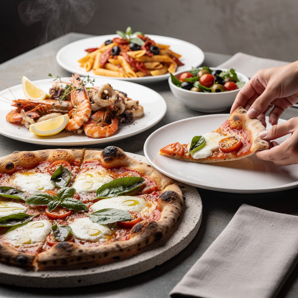 VENUS Restaurant Pizzeria signature dishes including risotto with chicken, Caesar salad, wood-fired pizza, and Italian desserts