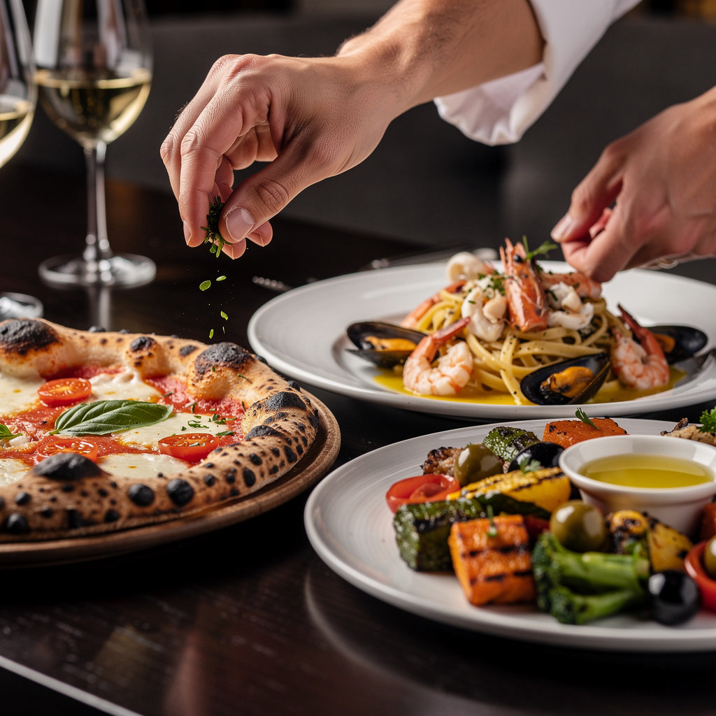 VENUS Restaurant Pizzeria signature dishes - Risotto with Chicken, Caesar Salad, Margherita Pizza, and Tiramisu